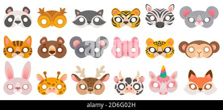 Animal mask. Photo booth props, panda bear and zebra, tiger and pig, koala and cow, unicorn and monkey, owl carnival zoo masks vector set Stock Vector