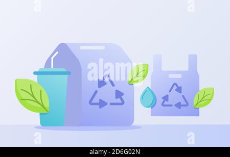 Recycling food packaging drink cup plastic green leaf drop water white isolated background with flat style Stock Vector