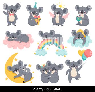 Cartoon birthday koalas. Lazy koala sleeping on cloud. Cute australian animals with balloons. Baby shower bear. Kids room decor vector set Stock Vector