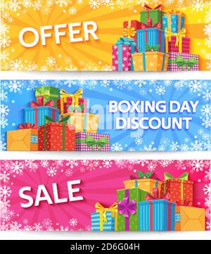 Boxing day. Holiday gift boxes with ribbon, xmas or wedding gifts, birthday presents, christmas offer promotion, big sale vector banners set Stock Vector