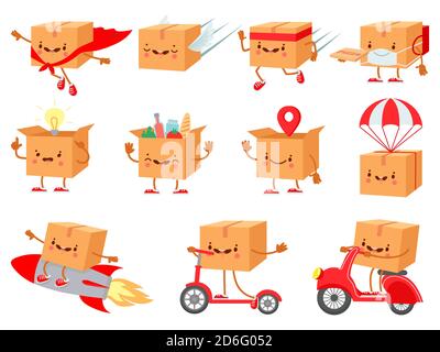 Cardboard box character. Fast delivery service mascot. Cartoon boxes with faces. Shipping package on parachute. Happy purchase vector set Stock Vector