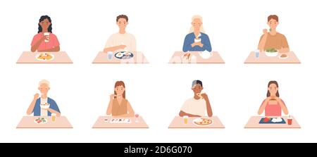 People eat. Men and women eating delicious meals, friends sit at table in restaurant, cafe and eat different tasty dishes cartoon vector set Stock Vector