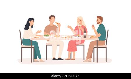 Friends eating. Fun and smiling people at table in restaurant, cafe or home drink beverage, eat tasty dishes friendly hangout vector concept Stock Vector