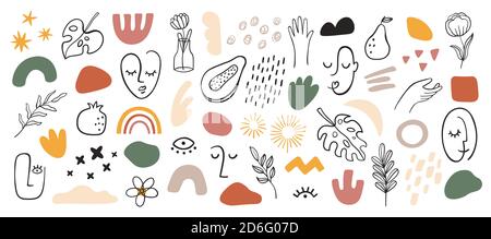 Abstract shaped faces. Minimalist woman portrait, modern fashion shapes. Continuous line. Hand drawn flowers, leaves and hands vector set