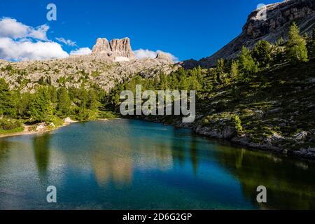 The summit of Monte Averau, seen across Lake Limedes, Lago di Limides. Stock Photo