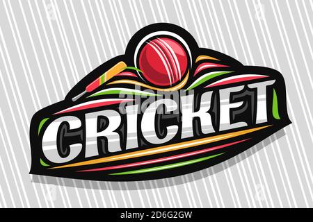 Vector logo for Cricket Sport, dark modern emblem with illustration of flying ball in goal and bat, unique lettering for grey word cricket, sports sig Stock Vector