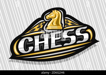 Vector logo for Chess Sport, dark modern emblem with illustration of chess knight on chessboard, unique lettering for grey word chess, sports sign wit Stock Vector