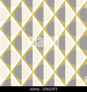 Simple geometric seamless pattern of rhombuses, triangles and circles in grey, gold and white colors. Vector illustration for fashion design, wallpaper, textile, fabric, wrapping paper. Stock Vector