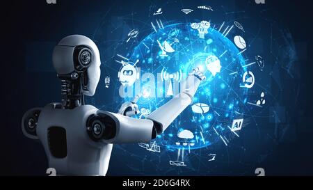 AI humanoid robot touching hologram screen shows concept of global communication network using artificial intelligence thinking by machine learning Stock Photo