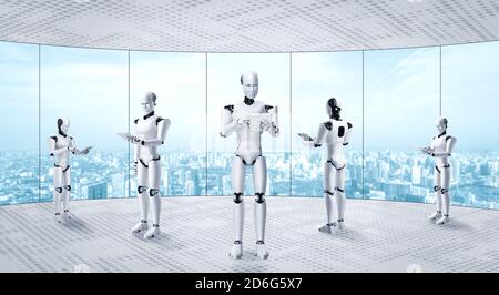 3D rendering robot humanoid working in future office interior . Concept of AI thinking brain and machine learning process for the 4th fourth Stock Photo
