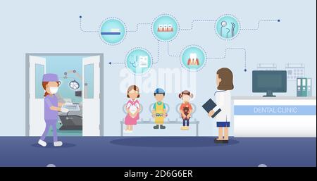 Dental clinic or dental office with patient and icons flat design vector illustration Stock Vector