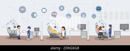 Dental clinic with patients and icons flat design vector illustration Stock Vector