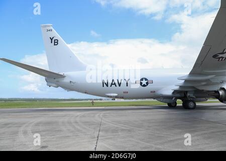 A U.S. Navy Poseidon P-8 aircraft with Patrol Squadron 1 stands by to be refueled during a joint forward arming and refueling point (JFARP) exercise. During Exercise Noble Fury 21, Marines with 3rd MLG established and serviced a JFARP in support of a U.S. Navy Poseidon P-8 aircraft. This exercise showcased the survivability and lethality of the Navy and Marine Corps  team while operating in a distributed maritime environment. (U.S. Marine Corps photo by Pfc. Courtney A. Robertson) Stock Photo