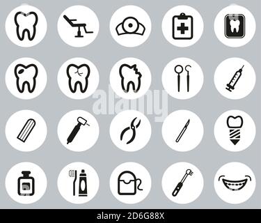 Dentist Office & Equipment Icons Black & White Flat Design Circle Set Big Stock Vector
