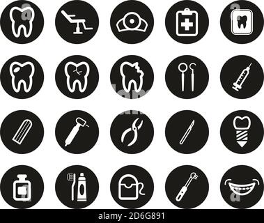 Dentist Office & Equipment Icons White On Black Flat Design Circle Set Big Stock Vector