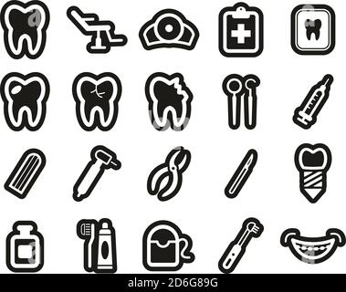Dentist Office & Equipment Icons White On Black Sticker Set Big Stock Vector