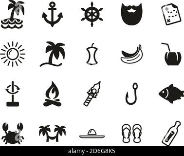 Desert Island Icons Black & White Set Big Stock Vector