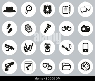 Detective Or Private Eye Icons Black & White Flat Design Circle Set Big Stock Vector