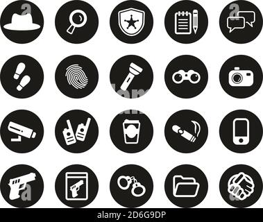 Detective Or Private Eye Icons White On Black Flat Design Circle Set Big Stock Vector