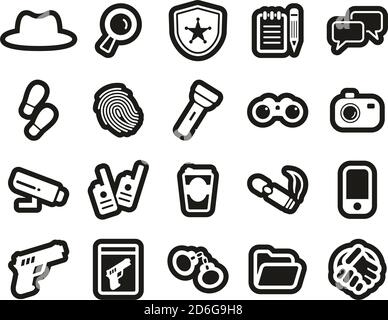 Detective or Private Eye Icons White On Black Sticker Set Big Stock Vector