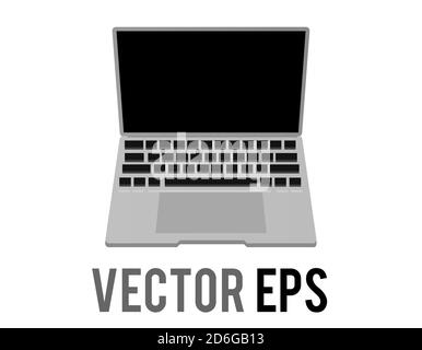 The isolated vector black and silver desktop personal computer icon in front view, gray device, opened to show a dark screen, keyboard and touchpad Stock Vector