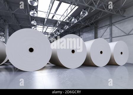 3d rendering white large paper rolls in factory Stock Photo