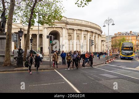 Dublin, Ireland - 10 November 2015: Irish Houses of Parliament in College Green. Bank of Ireland. Stock Photo