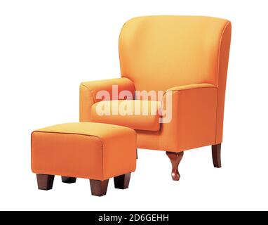 Cozy orange sofa with footrest isolated on white background Stock Photo