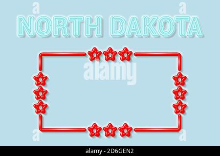 North Dakota US state soft blue neon letters lights off. Glossy red frame with stars. Vector illustration Stock Vector