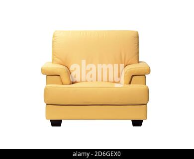 Yellow beige leather sofa isolated on white background Stock Photo