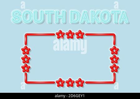 South Dakota US state soft blue neon letters lights off. Glossy red frame with stars. Vector illustration Stock Vector