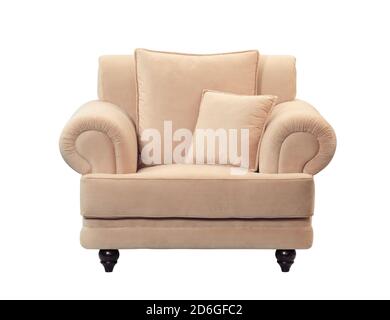 Elegant beige suede sofa isolated on white background Stock Photo