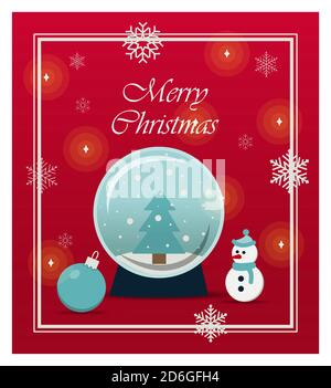 Beautiful Christmas card with toys and gifts. Flat illustration for a website, store, or app with children s products. Bright holiday banner with a snow ball, snowman, snowflakes, Christmas balls and bright gifts. Banner for an ad, flyer, or booklet. Greeting card for Christmas or new year 2021. Stock Vector