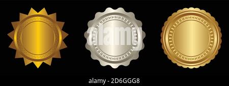 Set vector round golden and silver badge isolated, seal stamp gold luxury elegant banner icon, Vector illustration certificate silver foil seal or med Stock Vector