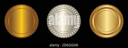 Set vector round golden and silver badge isolated, seal stamp gold luxury elegant banner icon, Vector illustration certificate silver foil seal or med Stock Vector