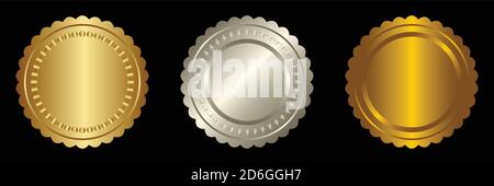 Set vector round golden and silver badge isolated, seal stamp gold luxury elegant banner icon, Vector illustration certificate silver foil seal or med Stock Vector