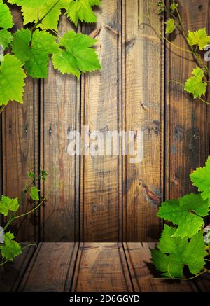 Wooden wall panels and leaves Stock Photo