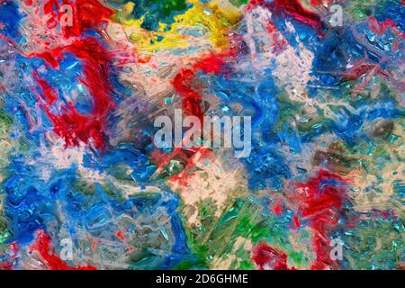 Abstract background with mix of colorful stains and irregular geometric lines. Mixture of colors in showy multicolored texture of plastic or gem look.