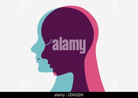 A person hiding its sadness. Feeling two different emotions. Human head flat outline icon. Stock Vector