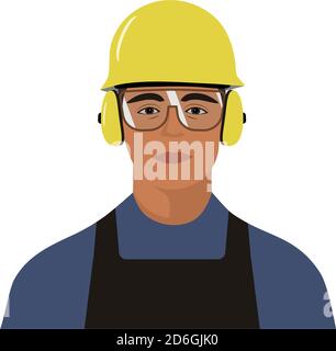Construction worker wearing protective helmet, glasses and earmuffs; front portrait illustration. Stock Vector