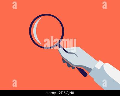 Hand holding a magnifying glass. Flat monochrome illustration representing a action, researcher profession. Stock Vector