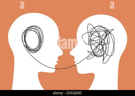 Learning process concept illustration. A person transmits information to another person. Human head flat outline icon. Stock Vector