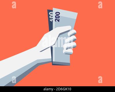 Money in hand flat illustration. Modern minimalist drawing representing a action of receiving or giving money. Stock Vector