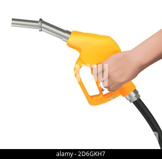 Realistic vector illustration of human hand holding gas gun, gasoline petrol dispenser in yellow and black colors with metal nozzle Stock Vector