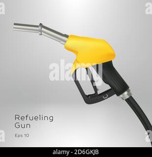 Realistic vector illustration of gas gun, gasoline petrol dispenser in yellow and black colors with metal nozzle Stock Vector