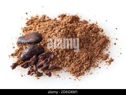 Heap of cacao powder with cocoa beans isolated on white background Stock Photo