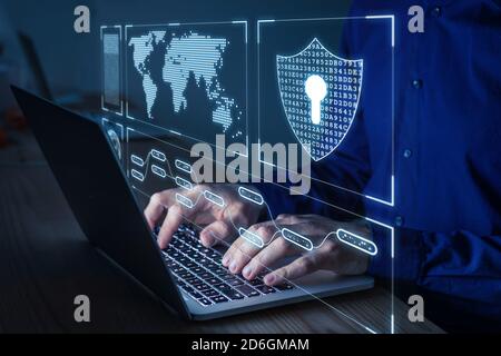 Cyber security and network protection with cybersecurity expert working on secure access internet to protect server against cybercrime. Person typing Stock Photo