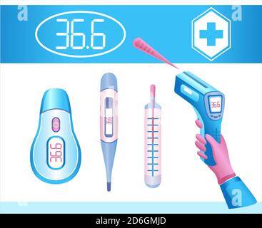 Medical body thermometer icon set. Electronic, infrared laser and glass thermometers. Fever check, control human temperature. Vector illustration Stock Vector