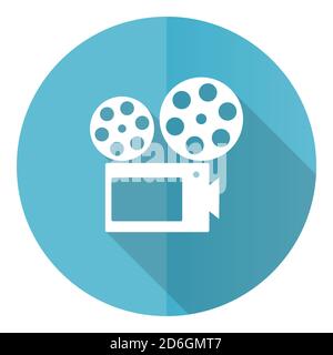 Movie vector icon, flat design blue round web button isolated on white background Stock Vector