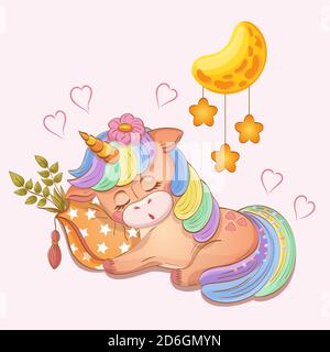 Sleeping baby girl unicorn. Pastel drawing of cute magic animal that rests on pillow. Fashion print design. Hand drawn cartoon vector illustration. Stock Vector